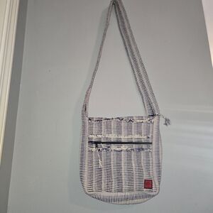 International Nepal Artisan Woven Crossbody Bag Blue White Striped Boho Ethical